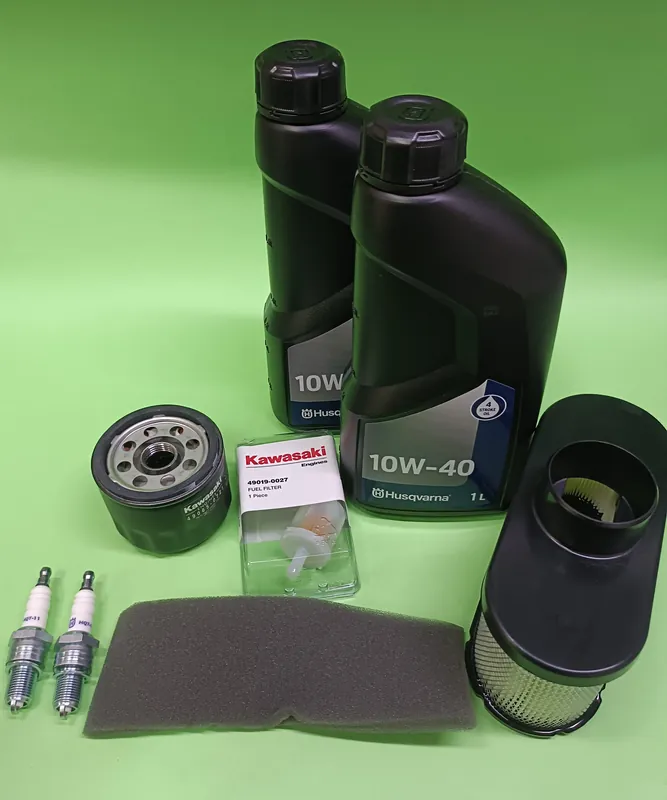 Zestaw serwisowy filtry powietrza, filtr oleju, filtr paliwa, oleje, 2 świece do traktorów i riderów z silnikiem Kawasaki FS481V, FS541V Husqvarna R31 | Produkt ceniony przez klientów